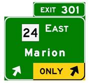 Figure 12-A. Graphic. Discrete arrow guide sign (conventional practice). This exit direction sign includes angled-up arrows over the two lanes that can be used to exit, with the right arrow inside of a yellow “ONLY” panel and the left arrow on the green background of the sign.