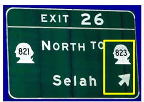 Figure 17-A. Graphic. Arrow underneath route shield. This sign includes the words “North to” placed in between the two route shields, with the destination name “Selah” on a second line below these. The arrow is placed to the right of the word “Selah”, below the rightmost route shield.