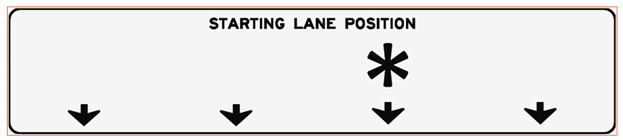 Graphic. Overhead sign that directed participants to a starting lane using the asterisk symbol location in one of four lanes. This graphic presents test participants with a signing mockup titled “Starting Lane Position” purposely designed to not mimic a familiar guide sign and to avoid providing information with conventional symbols, such as a route marker. The sign consists of four starting lane arrows and one asterisk symbol to position each participant in one of the four lanes.