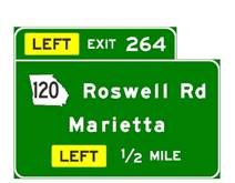 Figure 73-A. Single-line LEFT exit tab. This sign uses a single-line application where the LEFT (E1-5aP) plaque is on the same line as, and located to the left of, the “EXIT” text and the exit number.