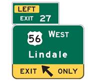 Figure 73-B. Multi-line LEFT exit tab. This sign uses the left exit number (E1-5bP) plaque that is currently in the MUTCD. In this version, the LEFT (E1-5aP) plaque is placed on a separate line above the “EXIT” text and exit number.