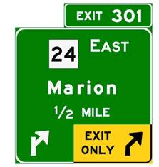 Figure 76-A. Graphic. Advance guide sign. This sign uses the null-terminated two-headed arrow method which indicates that the left and right lane both serve the detination via exit 301, but also provides the benefit of indicating that the two lanes continue straight before exiting.