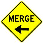 Graphic. MnDOT-designed W9-2A(L). This sign graphic depicts a yellow diamond “MERGE” sign showing a horizontal left-pointing arrow.