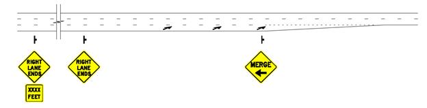 Graphic. Schematic of proposed lane-reduction signing. This composited graphic shows a black line-art roadway with lane markers and merge left arrows in the bottom lane. Three yellow diamond signs are positioned in the roadway—reading, left to right, “Right Lane Ends” over a yellow square sign reading “XXXX Feet”; followed by “Right Lane Ends”; followed by “Merge” with a horizontal left-point arrow.