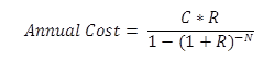 Figure 3. Equation. Determination of annual cost. Annual cost equals the quantity C times R divided by the quantity 1 minus open parenthesis 1 plus R closed parenthesis to the power of negative N. Figure 3. Equation. Determination of annual cost. Annual cost equals the quantity C times R divided by the quantity 1 minus open parenthesis 1 plus R closed parenthesis to the power of negative N.