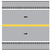 Figure 1-A. Illustration. Edge line not on rumble strip. The illustration shows a segment of two-lane road from above. Arrows indicating the direction of travel show that the segment has one travel lane in each direction separated by a yellow center line and outlined by white edge lines and paved shoulders. The segment shows rumble strips parallel and adjacent to the edge line on the outside of each travel lane. 