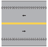 Figure 1-B. Illustration. Edge line on rumble strip. The illustration shows a segment of two-lane road from above. Arrows indicating the direction of travel show that the segment has one travel lane in each direction separated by a yellow center line and outlined by white edge lines and paved shoulders. The segment shows edge lines placed exactly in the same space as the rumble strips.