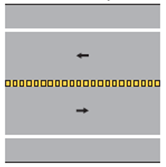 Figure 1-C. Illustration. Center line on rumble strip. The illustration shows a segment of two-lane road from above. Arrows indicating the direction of travel show that the segment has one travel lane in each direction separated by a yellow center line and outlined by white edge lines and paved shoulders. The segment shows a single rumble strip along the center line of the segment. A center line marking may also be located on a center line rumble strip.