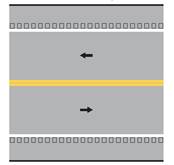 Figure 1. Illustrations. Examples of longitudinal rumble strip markings. This illustration shows three segments of two-lane road viewed from above. Arrows indicating the direction of travel show that each segment has one travel lane in each direction separated by a yellow centerline and outlined by white edge lines and paved shoulders. The three segments are identical except for rumble strip placement. Figure 1-A. Illustration. Edge line not on rumble strip. This illustration shows rumble strips parallel and adjacent to the edge line on the outside of each travel lane. There are two lanes of traffic and arrows indicate traffic flowing opposite directions.