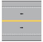 Figure 1-B. Illustration. Edge line on rumble strip. This illustration shows edge lines placed exactly in the same space as the rumble strips. There are two lanes of traffic and arrows indicate traffic flowing opposite directions.