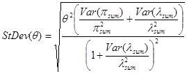 Figure 7. Equation. Standard deviation of index of effectiveness. The standard deviation of open parenthesis theta close parenthesis equals the square root of theta squared times open parenthesis, quotient of the variance of open parenthesis pi subscript sum close parenthesis divided by the square of pi subscript sum, plus the quotient of the variance of open parenthesis lambda subscript sum close parenthesis divided by the square of lambda subscript sum, close parenthesis, all divided by the square of open parenthesis 1 plus the quotient of the variance of open parenthesis lambda subscript sum close parenthesis divided by the square of lambda subscript sum, close parenthesis.