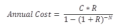 Figure 10. Equation. Determining annual cost. Annual cost equals the quotient of the product of C times R divided by 1 minus open parenthesis 1 plus R close parenthesis to the negative N power.