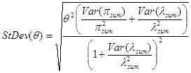 The standard deviation of open parenthesis theta close parenthesis equals the square root of theta squared times open parenthesis the sum of the quotient of the variance of open parenthesis pi subscript sum close parenthesis divided by the square of pi subscript sum, plus the quotient of the variance of open parenthesis lambda subscript sum close parenthesis divided by the square of lambda subscript sum, close parenthesis, all divided by the square of open parenthesis 1 plus the quotient of the variance of open parenthesis lambda subscript sum close parenthesis divided by the square of lambda subscript sum, close parenthesis. 