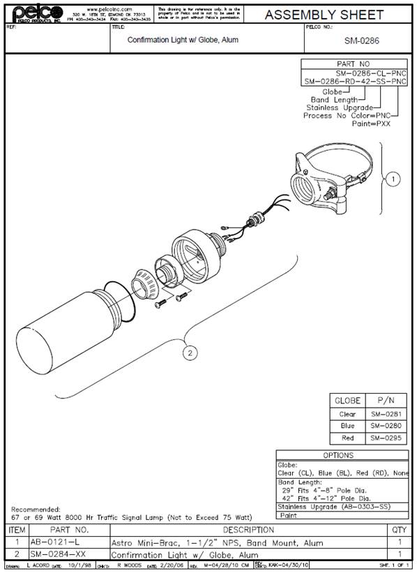 This technical drawing shows the parts and assembly of a confirmation light with a globe. The title block states that the manufacturer is Pelco Products, Inc. The drawing is labeled “Assembly Sheet” and the title of the drawing is “Confirmation Light w/ Globe, Alum, Pelco Number SM-0286.” The drawing shows an expanded version of the components that make up the confirmation light and how they fit together. The drawing is split into two major parts, labeled 1 and 2. Part 1 is the bracket that attaches the light to a fixture and is labeled “Part Number AB-01210L, Astro Mini-Brac, 1-1/2 inch NPS, Band Mount, Alum.” Part 2 includes the wiring and housing for the light fixture (the globe) and is labeled “Part Number SM-0284-XX, Confirmation light w/ Globe, Alum.” In the margins of the drawing is a taxonomy explaining what the letters and numbers in the part names stand for. The first six digits signify the part (confirmation light with globe), the next two digits indicate globe color, the next two digits indicate band length, the following two digits indicate an optional stainless-steel upgrade if applicable, and the final three digits indicate whether the part is “process no color” or “paint.” Below, a box lists different options for globe color and part number: clear (SM-0281-CL), blue (SM-0280-BL), red (SM-0295-RD), or no globe. A note about band length specifies that a 29-inch band fits a 4- to 8-inch diameter pole and a 42-inch band fits a 4-to 12-inch diameter pole. A stainless-steel upgrade is available, and the part number is AB-0303-SS. Wattage should not exceed 75 watts. The recommended bulb is a 67- or 69-watt 8000-hour traffic signal lamp.