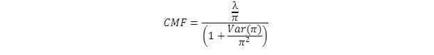 Equation. CMF estimate. The CMF is equal to the quotient of the quotient of lambda over pi over the sum of open parenthesis 1 plus the quotient of the variance of open parenthesis pi closed parenthesis over pi squared closed parenthesis.