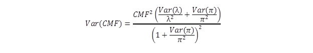 Equation. Variance estimate. The variance of the CMF equals the quotient of the product of CMF squared times the sum of the quotient of open parenthesis variance of open parenthesis lambda closed parenthesis over lambda squared plus the quotient of the variance of open parenthesis pi closed parenthesis over pi squared closed parenthesis divided by the sum of open parenthesis 1 plus the quotient of the variance of open parenthesis pi closed parenthesis over pi squared closed parenthesis squared.