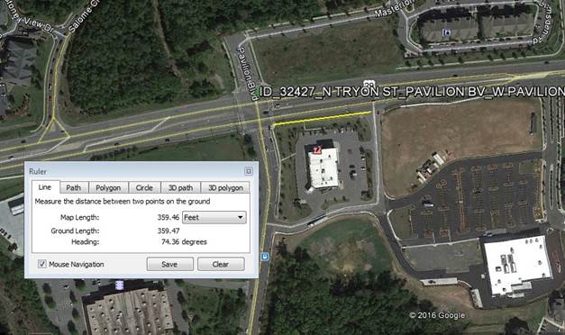 The screenshot shows a satellite view of an intersection. A window showing the ruler tool is displayed. It allows the user to measure the distance between two points on the ground in their choice of units and provides measurements for map length, ground length, and heading. The tool has tabs labeled Line, Path, Polygon, Circle, 3D Path, and 3D Polygon. The Line tab is selected and the text in the box indicates that the length of the map is 359.46 feet, the length of the ground is 359.47 feet, and the heading is 74.36 degrees. At the lower left of the window, the Mouse Navigation option is checked. The window has Save and Clear buttons at the lower right.