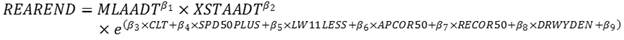 REAREND is equal to the product of MLAADT to the beta subscript 1 power times XSTAADT to the beta subscript 2 power times e to the open parenthesis beta subscript 3 times CLT plus beta subscript 4 times SPD50PLUS plus beta subscript 5 times LW11LESS plus beta subscript 6 times APCOR50 plus beta subscript 7 times RECOR50 plus beta subscript 8 times DRWYDEN plus beta subscript 9 closed parenthesis power.
