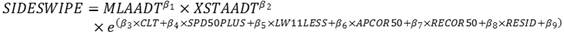 SIDESWIPE is equal to the product of MLAADT to the beta subscript 1 power times XSTAADT to the beta subscript 2 power times e to the open parenthesis beta subscript 3 times CLT plus beta subscript 4 times SPD50PLUS plus beta subscript 5 times LW11LESS plus beta subscript 6 times APCOR50 plus beta subscript 7 times RECOR50 plus beta subscript 8 times RESID plus beta subscript 9 closed parenthesis power.