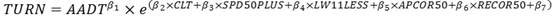 TURN is equal to the product of AADT to the beta subscript 1 power times e to the open parenthesis beta subscript 2 times CLT plus beta subscript 3 times SPD50PLUS plus beta subscript 4 times LW11LESS plus beta subscript 5 times APCOR50 plus beta subscript 6 times RECOR50 plus beta subscript 7 closed parenthesis power.