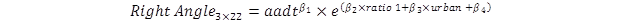 The number of right-angle crashes for a 3 x 22 intersection equals AADT to the power of the coefficient of intersection AADT times e to the power of open parenthesis, the coefficient for ratio1 times ratio1 plus the coefficient for urban/rural indicator times urban plus the intercept, close parenthesis.