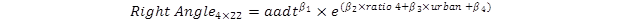 The number of right-angle crashes for a 4 x 22 intersection equals AADT to the power of the coefficient of intersection AADT times e to the power of open parenthesis, the coefficient for ratio4 times ratio4 plus the coefficient for urban/rural indicator times urban plus the intercept, close parenthesis.