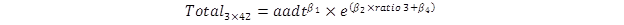 The total number of crashes for a 3 x 42 intersection equals AADT to the power of the coefficient of intersection AADT times e to the power of open parenthesis, the coefficient for ratio3 times ratio3 plus the intercept, close parenthesis.