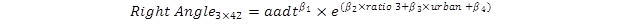 The number of right-angle crashes for a 3 x 42 intersection equals AADT to the power of the coefficient of intersection AADT times e to the power of open parenthesis, the coefficient for ratio3 times ratio3 plus the coefficient for urban/rural indicator times urban plus the intercept, close parenthesis.