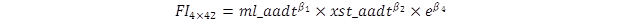 The number of fatal and injury crashes for a 4 x 42 intersection equals ml_aadt to the power of the coefficient of mainline AADT times xst_aadt to the power of the coefficient of cross street AADT times e to the power of the intercept.