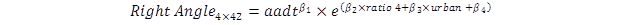 The number of right-angle crashes for a 4 x 42 intersection equals AADT to the power of the coefficient of intersection AADT times e to the power of open parenthesis, the coefficient for ratio4 times ratio4 plus the coefficient for urban/rural indicator times urban plus the intercept, close parenthesis.