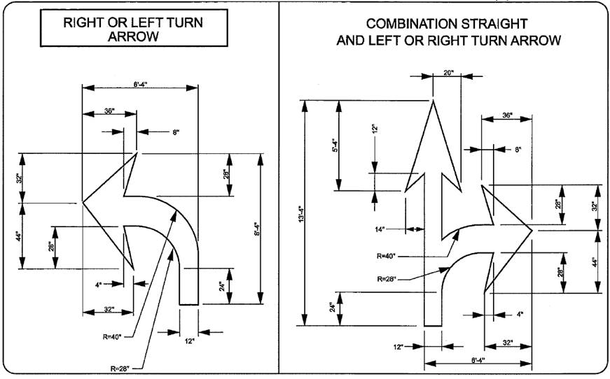 The figure contains two drawings that are side by side showing the standard measurements for a left or turn arrow and combination straight and left or right turn arrow. The arrows have a vertical alignment heading north. In general, the left or right turn arrow should be 6 ft 4 inches wide and 8 ft 4 inches long. The combination straight and left or right turn arrow should be 7.5 ft wide and 13 ft 4 inches long.