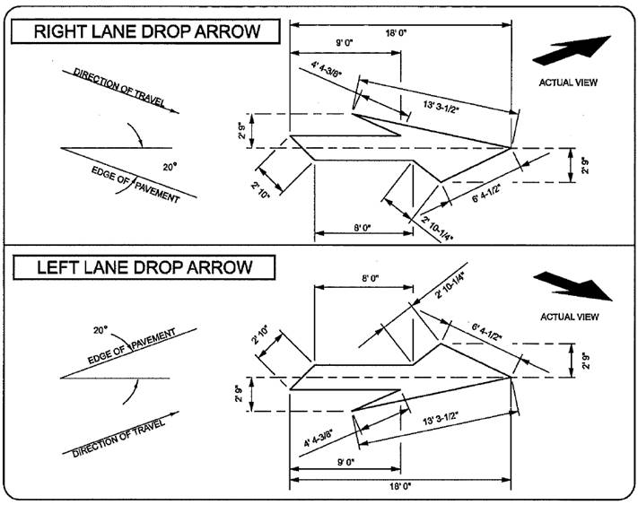The figure contains two drawings showing the standard measurements for a right lane drop arrow and a left lane drop arrow. The right lane drop arrow drawing is located at the top of the page and the left lane drop arrow drawing is located at the bottom of the page. In general, the markings should be 19 ft long and 5.5 ft wide.