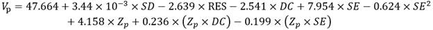 V subscript p equals 47.664 plus 3.44 times 10 to the negative third power times SD minus 2.639 times RES minus 2.541 times DC plus 7.954 times SE minus 0.624 times SE to the second power plus 4.158 times Z subscript p plus 0.236 times open parenthesis Z subscript p times DC close parenthesis minus 0.199 times open parenthesis Z subscript p times SE close parenthesis.