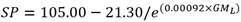 SP equals 105.00 minus 21.30 divided by e to the open parenthesis 0.00092 times GM subscript L power close parenthesis.