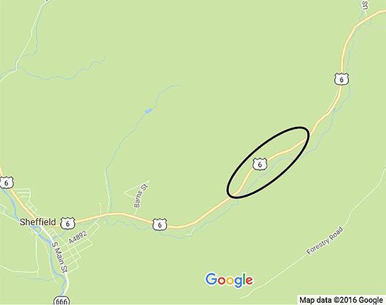 This map shows US Route 6 in yellow diverging from South Main Street, or State Route 666, on the left and running up and to the right. Forestry Road in the lower right side of the map runs parallel to a portion of Route 6. A black ellipse encircles a portion of Route 6 that runs parallel to Forestry Road. The map has no distance or cardinal directional indicators.