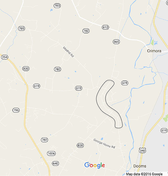 This map shows a black, oblong irregularly shaped circle enclosing a portion of State Route 865 that is between highways 254 to the west and 340 to the east. Route 612 is above the black circle. The map indicates two towns to the right of the circle, Crimora above and Dooms below.