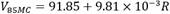 V subscript 85MC equals 91.85 plus 9.81 multiplied by 10 to the negative third power times R.