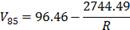 V subscript 85 equals 96.46 minus the quotient of 2744.49 divided by R.