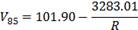 V subscript 85 equals 101.90 minus the quotient of 3283.01 divided by R.