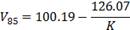 V subscript 85 equals 100.19 minus the quotient of 126.07 divided by K.