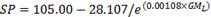 SP equals 105.00 minus the quotient of 28.107 divided by e to the power of open parentheses 0.00108 multiplied by GM subscript L close parentheses.