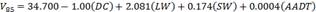 V subscript 85 equals 34.700 minus 1.00 open parentheses DC close parentheses plus 2.081 open parentheses LW close parentheses plus 0.174 open parentheses SW close parentheses plus 0.0004 open parentheses AADT close parentheses open bracket mph close bracket.