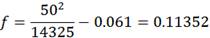 f equals 50 to the second power divided by 14325 minus 0.061 equals 0.11352.