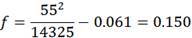 f equals 55 to the second power divided by 14325 minus 0.061 equals 0.150.