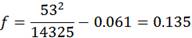 f equals 53 to the second power divided by 14325 minus 0.061 equals 0.135.