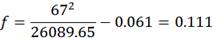 f equals 67 to the second power divided by 26089.65 minus 0.061 equals 0.111.