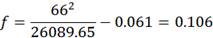 f equals 66 to the second power divided by 26089.65 minus 0.061 equals 0.106.