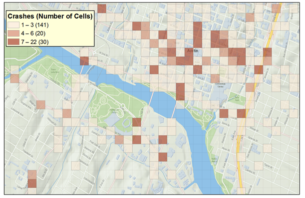 This graphic illustrates the grids with the higher number of crashes within a portion of the city of Austin using shading. The shading scale goes from a light shade (for 1 to 3 crashes) to a dark shade (for 7 to 22 crashes). The legend lists the number of cells with the range of pedestrian crashes and shows 141 cells with between 1 and 3 pedestrian crashes, 20 cells with 4 to 6 pedestrian crashes, and 30 cells with 7 to 22 pedestrian crashes.