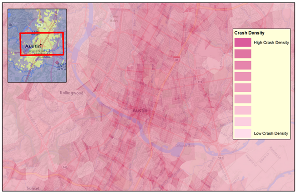 This graphic illustrates a heat map with higher density of crashes within a portion of the city of Austin using shading, with light shading representing low crash density and the darkest shading representing highest crash density.