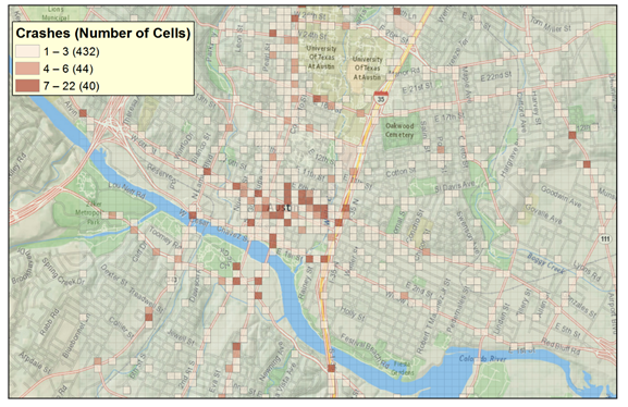 This graphic shows a portion of an aerial map for Austin, TX, with an overlaying grid. The grid illustrates crash frequency near the downtown area. The cells are shaded in a scale from light to dark, where light shading indicates fewer crashes and dark shading indicates more crashes. A specific concentration of high crash frequency near 6th Street is apparent from the colored cells. The legend provides the number of cells by range of crashes with 432 cells that have between 1 and 3 pedestrian crashes (light shading), 44 cells with between 4 and 6 pedestrian crashes (moderate shading), and 40 cells with between 7 and 22 pedestrian crashes (dark shading).